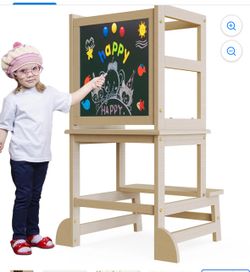 Step Stool for Kids with Chalkboard Safety Rail for Toddlers 18 Months and Older, Wood, Natural