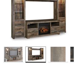 Large Rustic Entertainment Center with Electric Fireplace & Lighted Display Cabinets