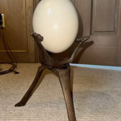 Vintage Ostrich Egg on Hand Carved Wooden Stand – Sculptural Decor Piece