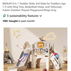 BIERUM 9 in 1 Toddler Slide, Kid Slide for Toddlers Age 1-3 with Ring Toss, Basketball Hoop, and Telescope, Indoor Outdoor Playset Playground Beige Gr