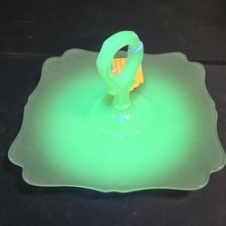 Vintage Martinsville Jade #44 Fancy Square Handeled Tray Sandwhich Server Uraniam Glow Glass