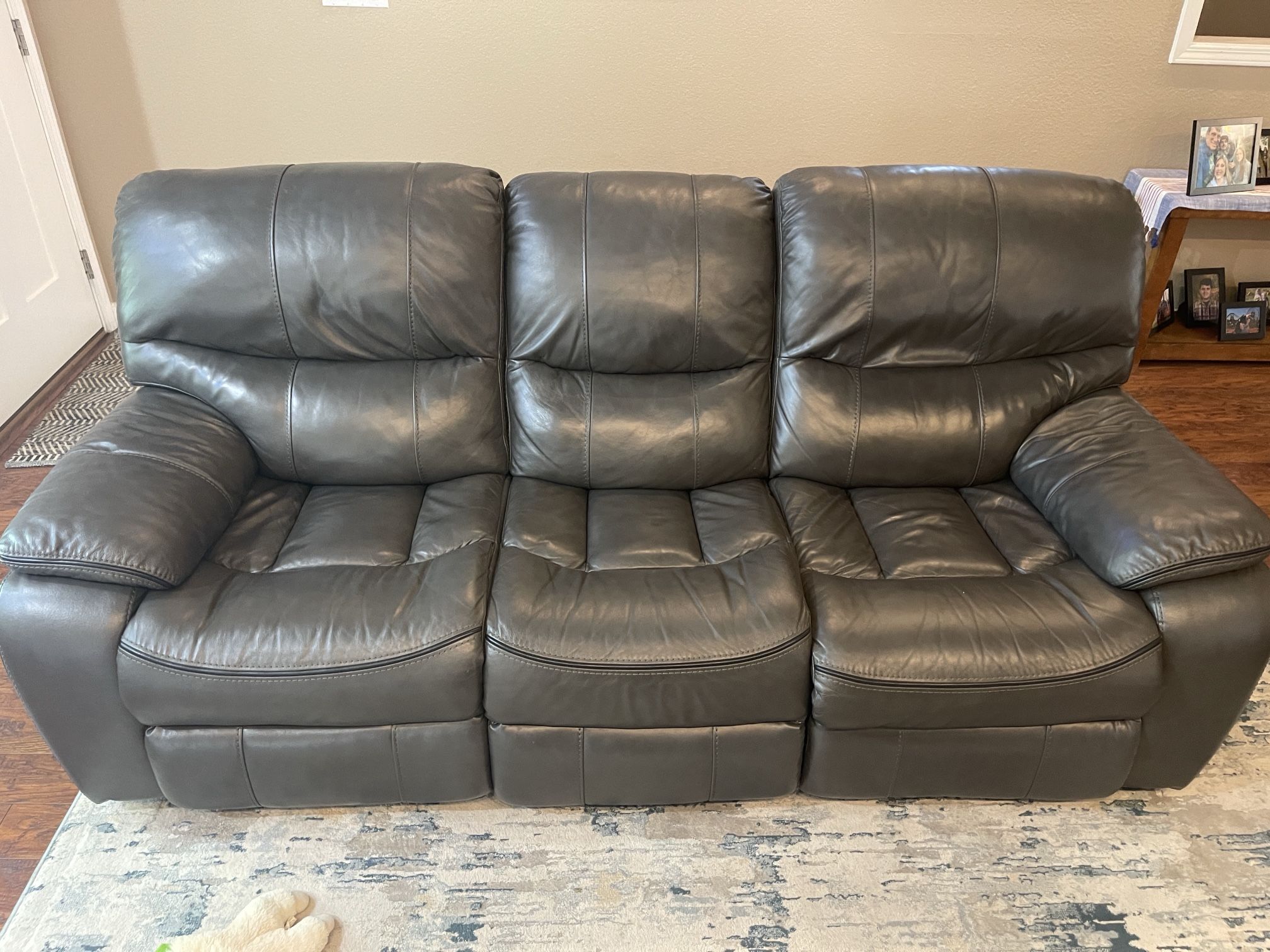 Gray Leather Reclining Couch, Love Seat, and Chair