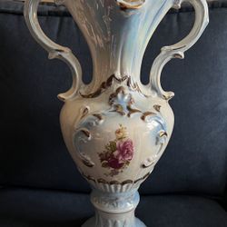 Vintage Light Blue Iridescent 20" Ceramic Vase with Floral Art Detail and Gold Trim