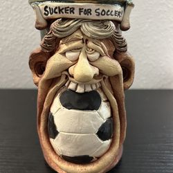 Hand Thrown Mug Soccer Fan Funny Face Pottery Stein Mug-Mug 2005 Signed 7" 26 Oz