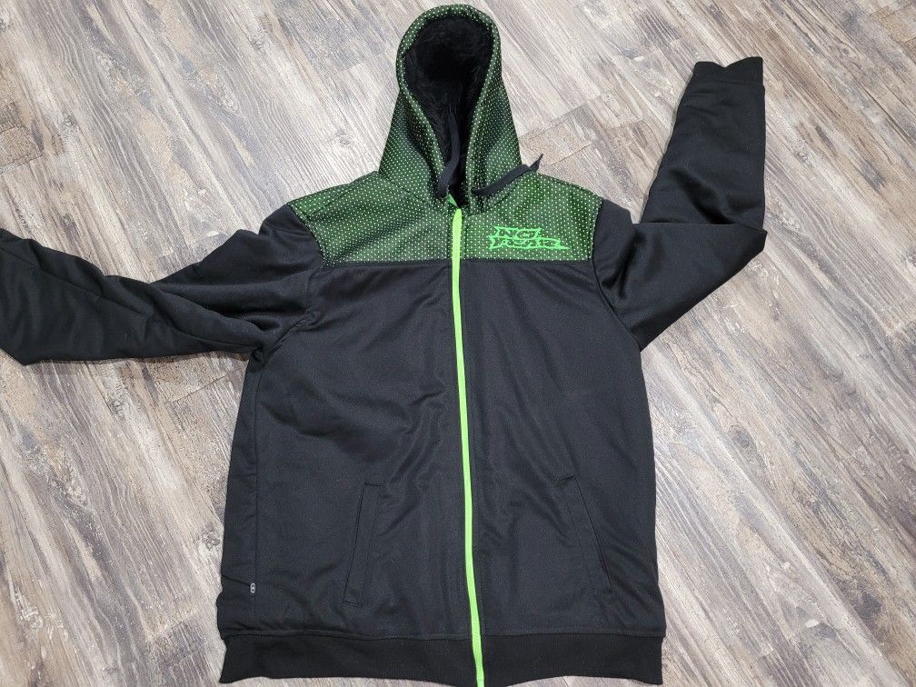 Vintage Y2K No Fear Jacket Black Green Sherpa Lined Full Zip Hoodie Men's XL.