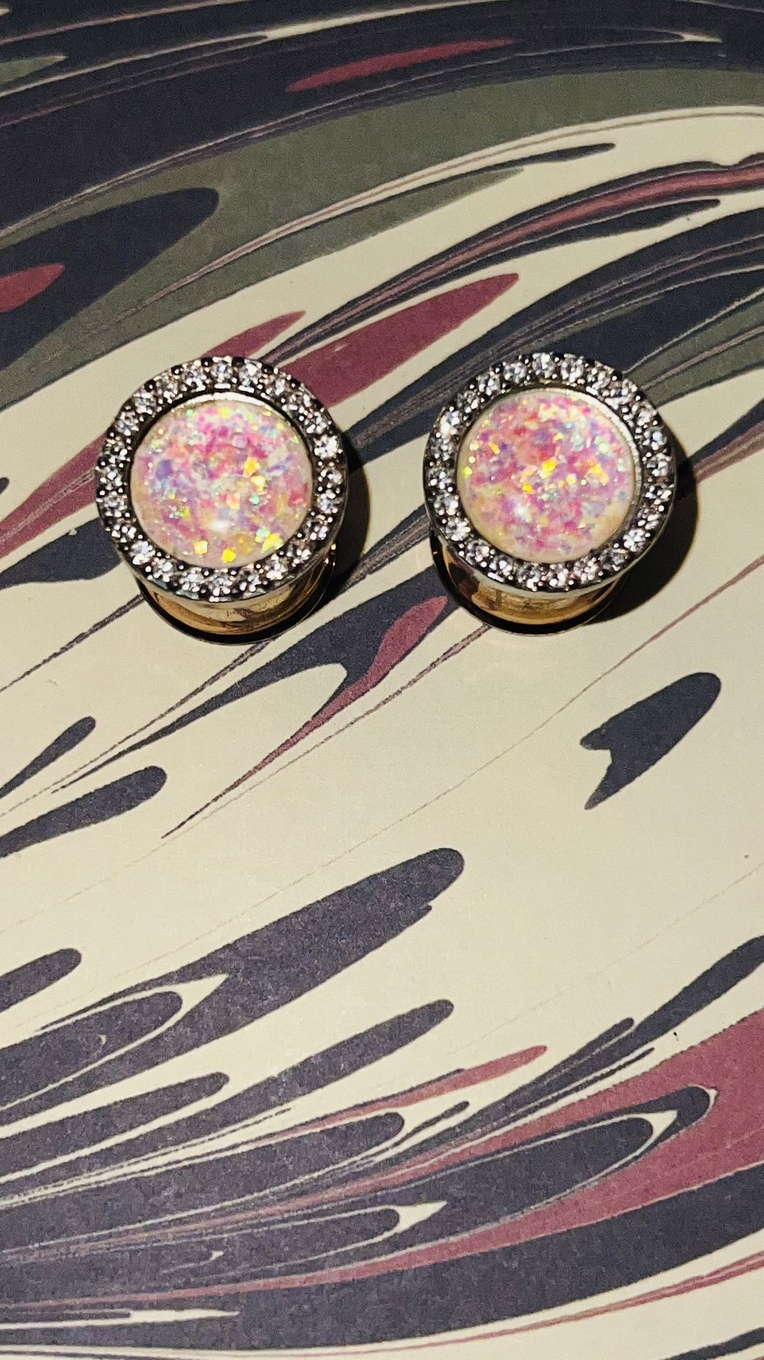 Gold opal oval plugs with rhinestones