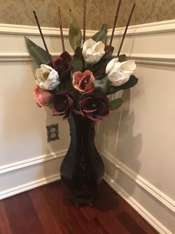 Floor vase and silk flowers. Accessory. Handmade. Bronze hand painted accessory