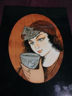 Vintage Persian Moaragh Picture Wood Marquetry Miniature Art Woman
