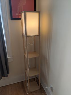 Simple Designs Home LF1014-TAN Etagere Organizer Storage Shelf Linen Shade Floor Lamp, 63.30 x 10.20 x 10.20 inches, Tan