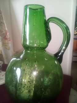 Hand Blown Green Glass Handled Vase