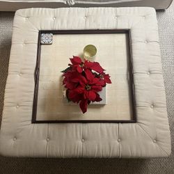 Custom Upholstered Beige Coffee Table With Built In Leather Tray