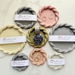 3-Piece Rope Edge Circle Trinket Tray Set – Handmade Concrete Jewelry Dishes, Minimalist Catchall Bowls, Decorative Vanity Organizers