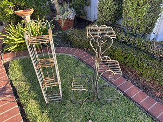 Lot 2 Rusty Metal Plant Stand Indoor Outdoor  4 Tier Flower Pot Holder Shelf - Wrought Iron Planter Display Rack Vertical Shelves Organizer  Garden