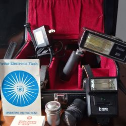 Vintage Camera Equipment And Leather Carrying  Case