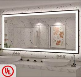 77in. W × 36in. H Rectangular Framed UL Certified Front and Back LED Anti-Fog Tempered Glass Wall Bathroom Vanity Mirror