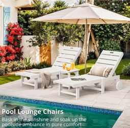 NEW LUE BONA Hayley Chaise Lounges w/ Side Tables & Wheels in White (Set of 2)