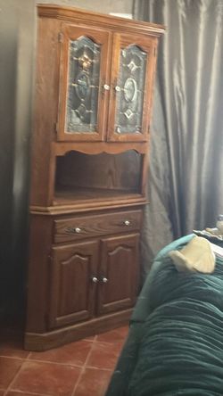 Wood Corner Hutch Cabinet with Glass Doors