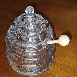 Crystal Beehive Honey Pot With Wood Dipper