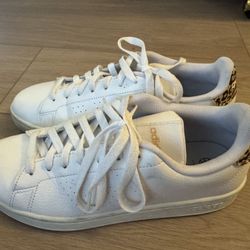 Women’s Adidas Advantage White Leather Sneakers with Animal Print