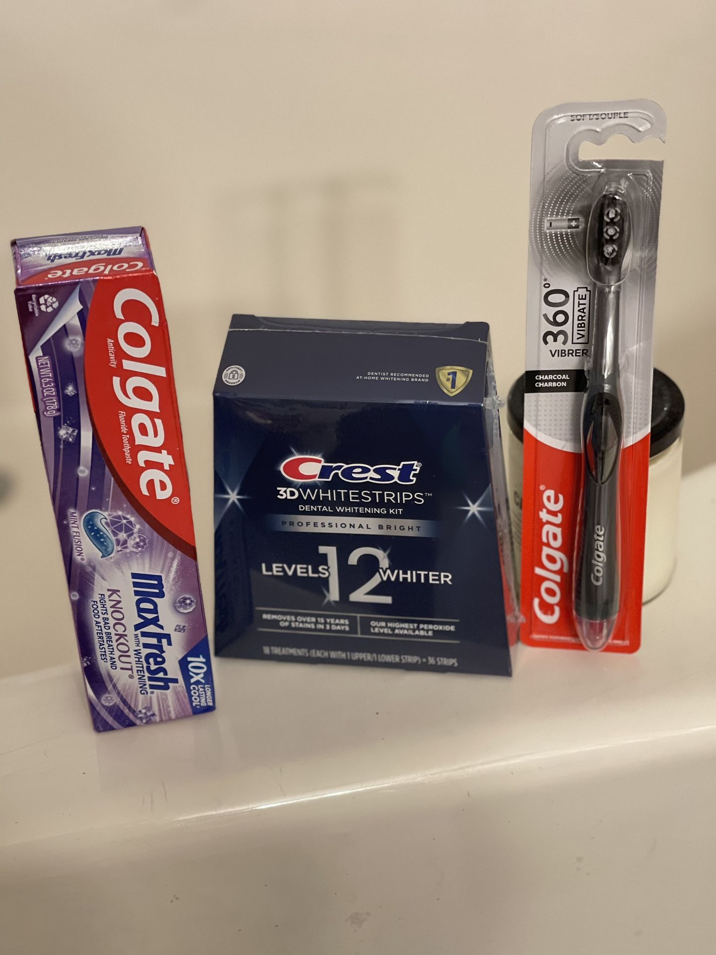 crest whitening strips level 12 (new sealed box) colgate bundle & toothbrush 