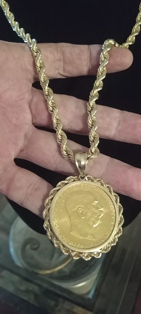 14 K Chain.87.7 Gram..25 In. Pendant Big Coin 24 K Pendant 14 K