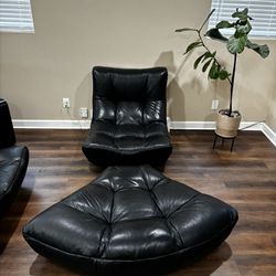 Post Modern Black Leather Chair With Ottoman Made In Italy