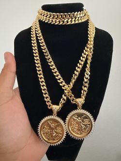 Gold Cuban Link Chain 50 Pesos Coin Pendant Necklace