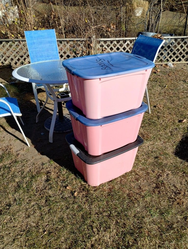 3/Plastic Storage Bins With Latching Lids. Dimensions Are 23 1/2 Inches By 19 InchesX 13 Inches High