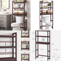 Over The Toilet Storage, 3-Tier Over Toilet Bathroom Organizer with Adjustable Shelf, 10.2 x 24.8 x 66.9 Inches, Space-Saving, Brown UBTS01BR