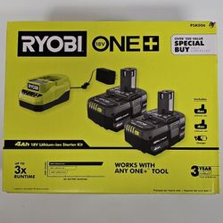 RYOBI 18V ONE+ Lithium Ion 4 AH Battery (2-pack) + Rapid Charger Kit 