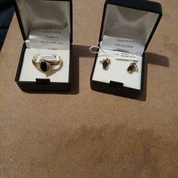 Gen Saphire With CZ Earrings And Saphire With CZ Ring Brand New