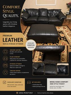 Black Leather Sofa + Storage Ottoman - Excellent Condition