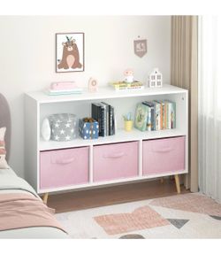 Kids Bookshelf with 3 Collapsible Fabric Drawers, Kids Book and Toy Display Rack for Bedroom, Playroom