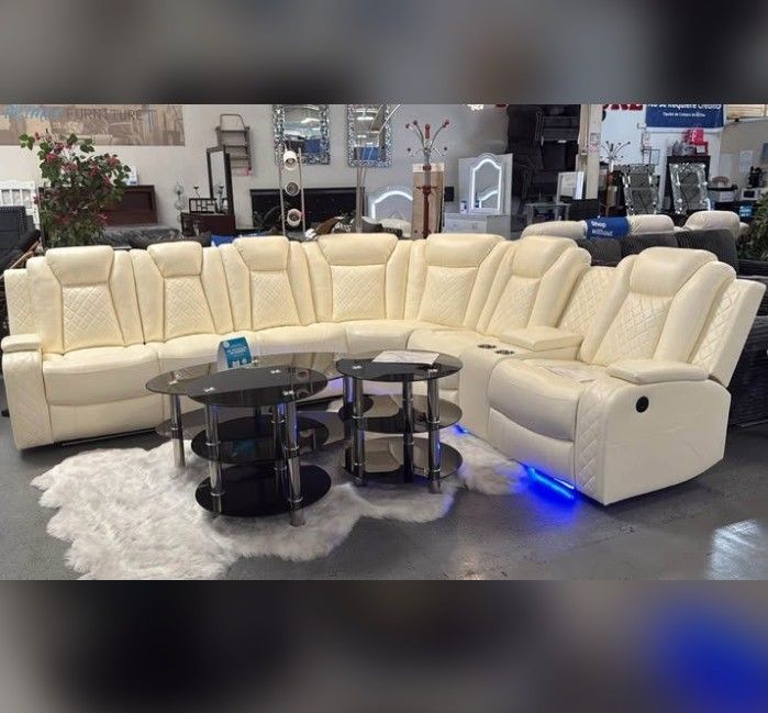 White breathing leather recliner sectional sofa with LED Lights cup holders