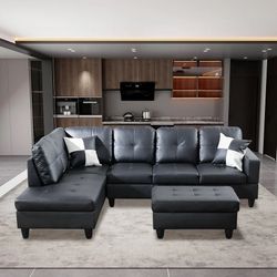 New Black Leather Sectional Sofa Set