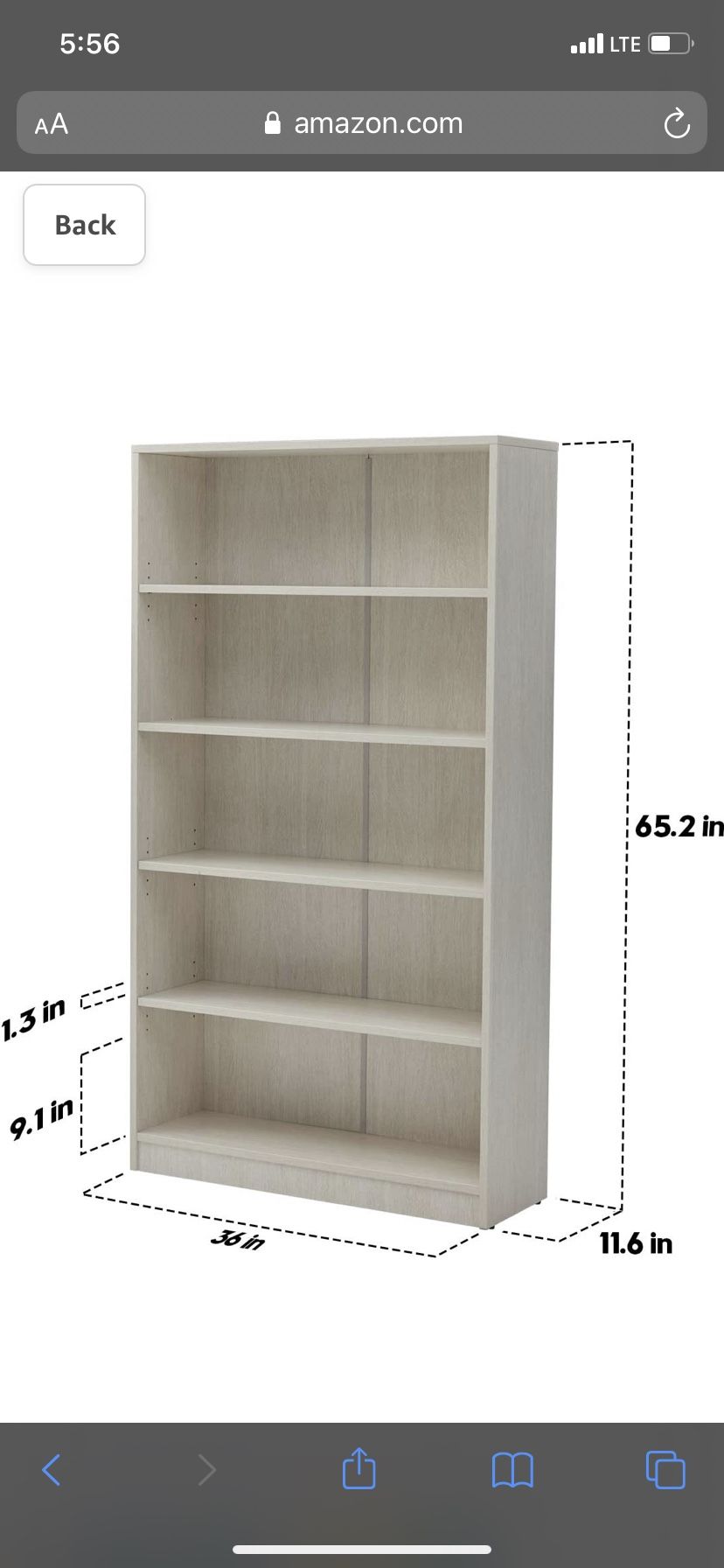 5-Shelf Bookcase Adjustable Bookshelf, Antique White