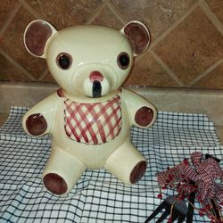 N.S. Gustin Vintage Teddy Bear Cookie Jar - Red Gingham