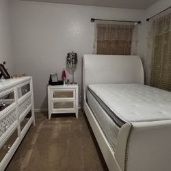 Elegant White Bedroom Set - Great Condition! (Full Bed Frame, Nightstand & Dresser)