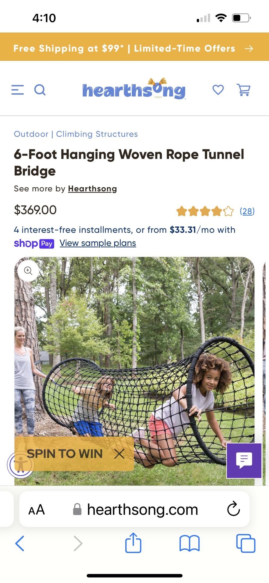 New HearthSong 6 Foot Hanging Rope Tunnel Bridge