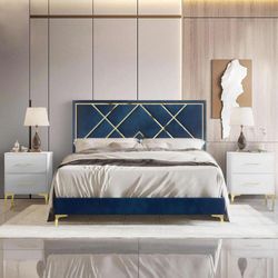 Lausyn 3 Piece Bedroom Nightstands Set Velvet Upholstered Bed-queen-velvet-blue