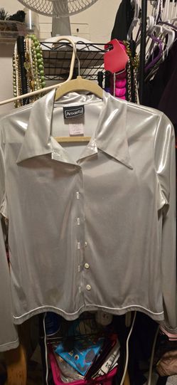 Shiny silver button up blouse Size large