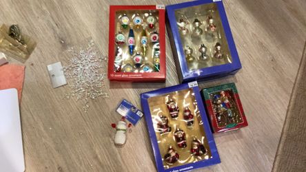 Ornaments- 3 Boxes - 6+6+12+1 + Snowman + 2 Snowflakes- New