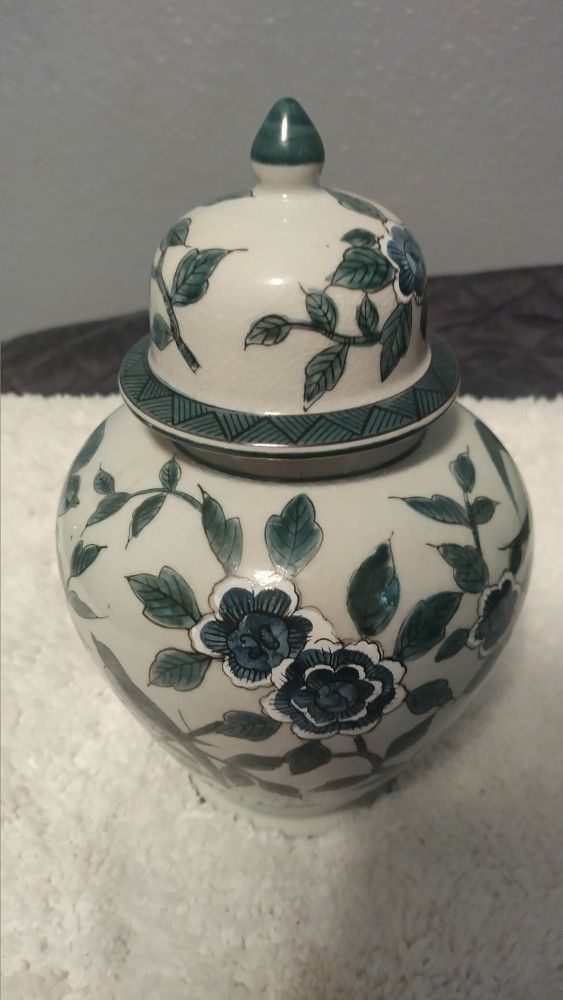Green Floral Ginger Jar Ceramic Vase 11"