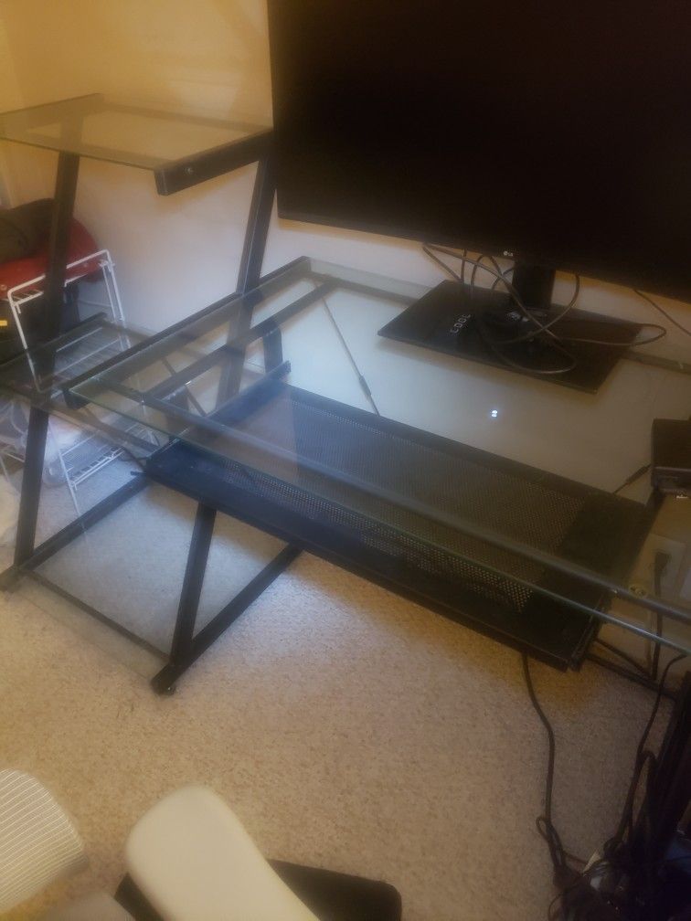Office Desk / Computer Desk - Black Steel Frame Glass Top Desk with Pull Out Keyboard & 3 Glass Side Shelfs