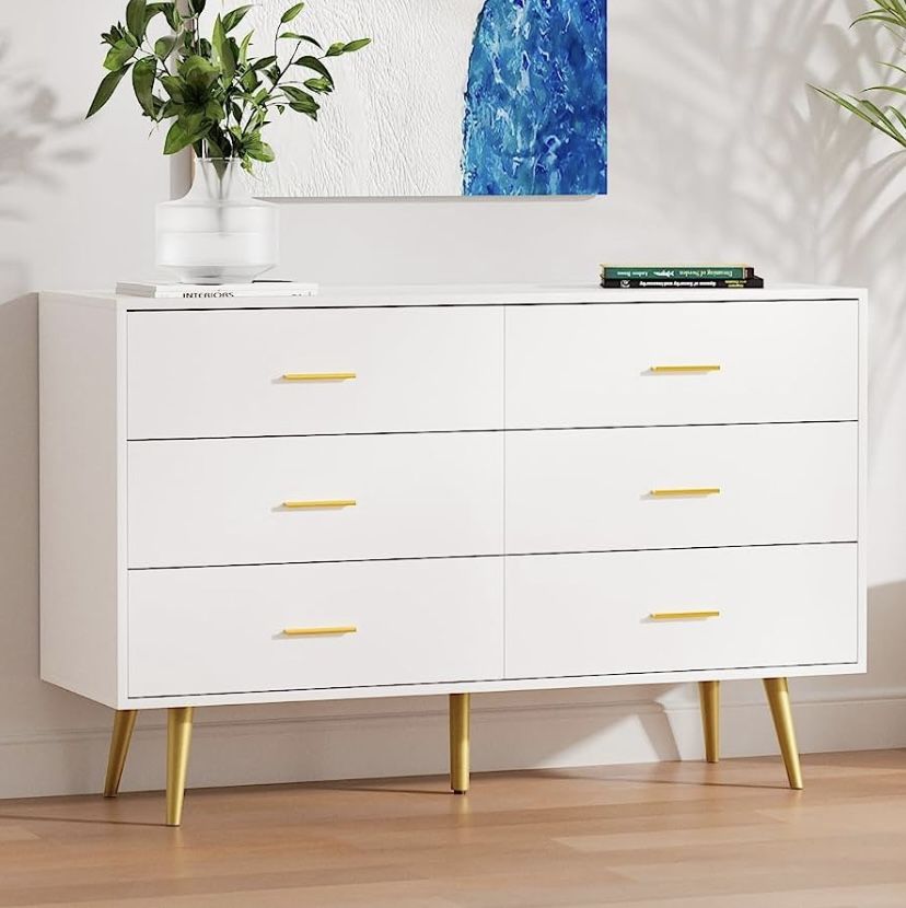 White Dresser for Bedroom, Modern 6 Drawer Dresser with Gold Handles, Wood Chest of Drawers for Kids Bedroom