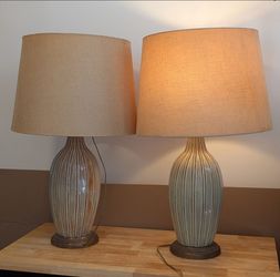 Vintage MCM Fluted Ceramic Table Lamps w/ Large Burlap Shades - Pair - Hudson Bay aesthetic