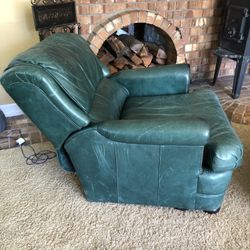 Green Leather Chair & Ottoman - High Quality, Needs TLC