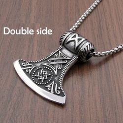 Mens Norse Viking Pirate Rune Axe Amulet Stainless Steel Pendant Necklace