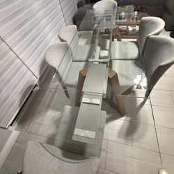 Dining room - Glass Extendable Table With 6 Grey Cloth Chairs 