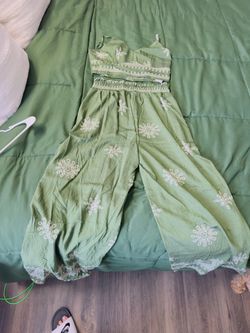 Green Embroidered Crop Top and Wide-Leg Pants Set
